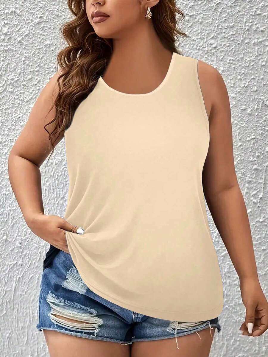 Plus Size Summer Casual Simple Solid Color Tank Top - Apricot - View 1