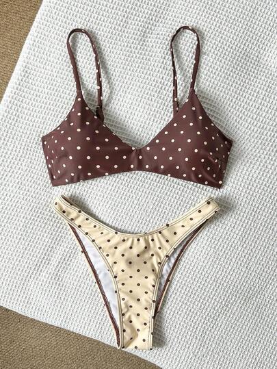 Swim Mod Women's Casual Vacation Beach Party Elegant Polka Dot Print Spaghetti Strap Summer Outdoor Bikini 2-Piece Swimsuit, New Arrival