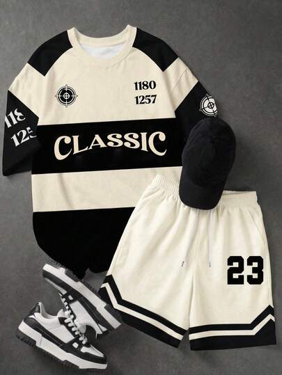 Manfinity EMRG Zestaw koszulek T-shirt z krótkim rękawem i okrągłym dekoltem w kontrastowym kolorze, z nadrukiem w litery, na co dzień, na lato