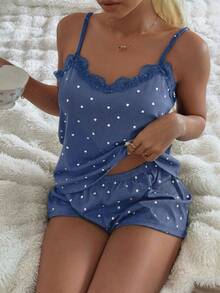 CottageSlumber Knitted Rib Fabric, Heart Print Patchwork With Lace Trim, Fresh Pastoral Romantic Sweet Cute Sexy Camisole And Shorts, Suitable For Outerwear - Navy Blue - View 3
