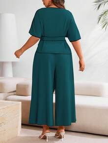Breezaya Ensemble 2 pièces femme grande taille, chemise à manches fendues de couleur unie et pantalon large - Turquoise - Voir 2