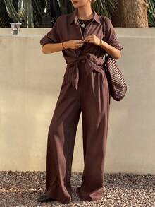 DAZY 通勤及办公，春夏西部风海滩度假纯色仿牛仔亚麻宽松简约两件套女装 - 咖啡棕 - 查看 8