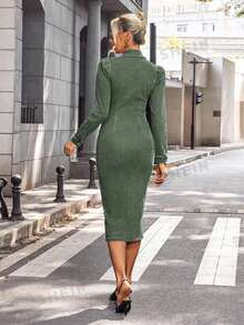 EMERY ROSE Plus Size Fashionable Commuter Fitted Front Button Denim Dress - Green - View 2