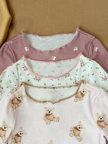 SHEIN LMoss Kids 女婴可爱卡通熊和花卉印花荷叶边圆领短袖上衣和裤子六件套休闲舒适针织睡衣套装 - 彩色 - 查看 6