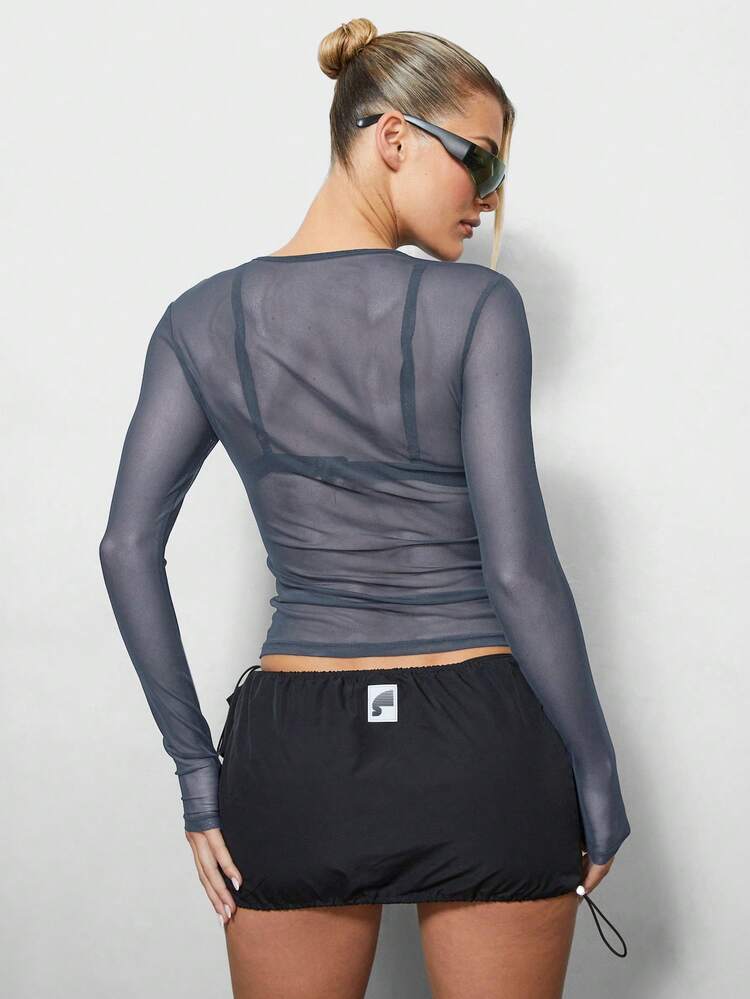 SUMWON Long Sleeve Sheer Mesh Top With Built In Bra For Layering Outfits