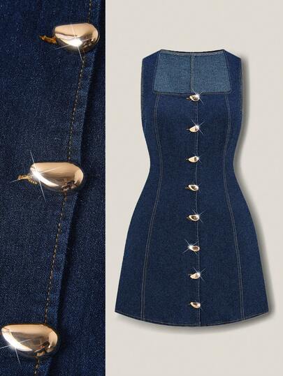 SHEIN MOD Plus Size Summer Casual Front Button Sleeveless Denim Dress