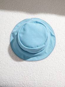 SHEIN Playful Pals 男婴夏季三件套：蓝色圆领二合一上衣和短裤，配帽子，华夫格面料，适合日常户外玩耍、上学、度假——优雅风格，适合家庭休闲、运动和聚会。 - 藍色 - 查看 5