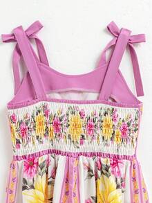 Tween Girls Dress,White Floral,Summer,Boho,Vacation,Holiday Elegant Pink Rose Floral Print Spaghetti Strap Ruffle Hem Bow Shoulder A-Line Dress - Mauve Purple - View 8