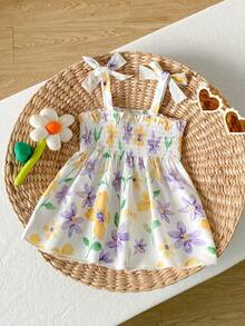 SHEIN Playful Pals 女童无袖褶皱彩色中长连衣裙，休闲公主风，适合度假和聚会 - 彩色 - 查看 2