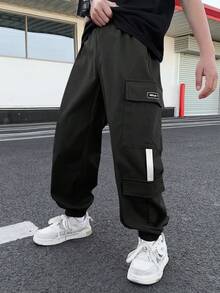 SHEIN Tween Boys' Casual Comfortable Elastic Waist Loose Solid Color Woven Pants - Black - View 8