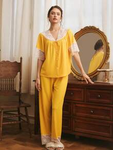 Conjunto de pijama holgado con cuello en V y ribete de encaje de color contrastante, elegante y romántico para mujer - Amarillo - Ver 3