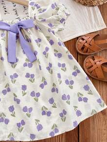 LMoss Kids 女婴碎花方领蝴蝶结装饰短袖连衣裙 - 彩色 - 查看 6