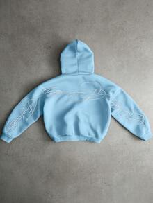 PAVTROS Áo hoodie nam màu trắng, thêu chữ nghệ thuật, khóa kéo kim loại, màu đen. - Màu xanh nhạt - Xem 2