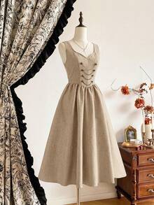xheVintamour Vestido vintage elegante para mujer con bolsillos, cruzado, con cadena y botones metálicos, vestido informal para vacaciones de otoño.xhe - Albaricoque - Ver 8