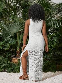 Tween Girl Vacation Knit Crochet Vest & Slit Skirt Set, Suitable For Music Festival, Boho Style - White - View 2