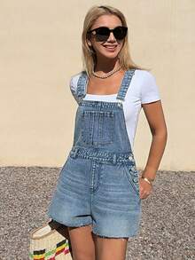 Women's Summer Casual Slant Pocket Frayed Denim Bib Pants - Blue - View 5