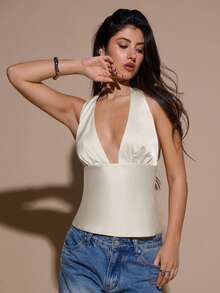 SHEIN BAE Áo hai dây cổ chữ V hở lưng màu vàng satin, áo dự tiệc cocktail, áo kiểu dự tiệc trang trọng, áo satin gợi cảm dành cho nữ, thích hợp cho Giáng sinh, tiệc cocktail, trang phục công sở thường ngày, áo khoác ngoài. - Màu be - Xem 6