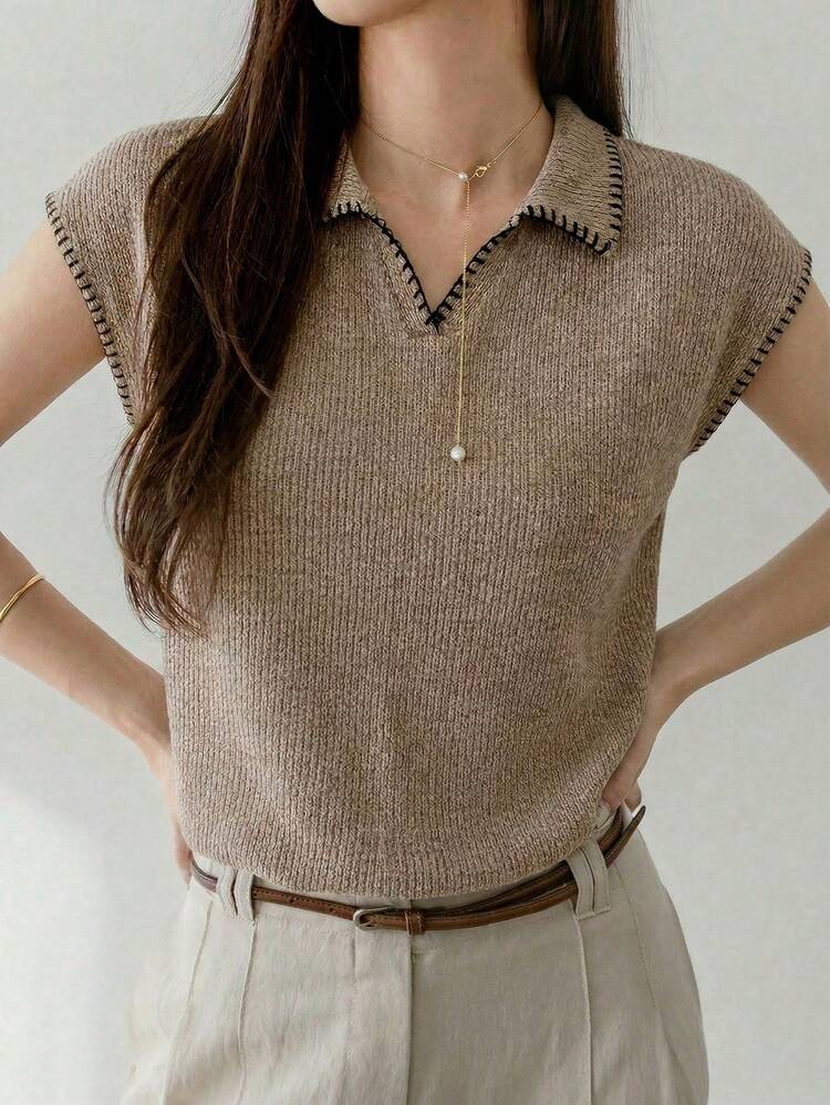 Women's Contrast Color Lapel Loose Short Sleeve Casual T-Shirt, Summer