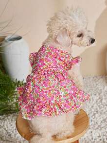 PETSIN 1件玫瑰花卉印花宠物连衣裙，轻柔透气，夏季度假风，泡泡袖设计，宠物服装 - 彩色 - 查看 17