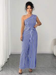 Elenzga Plus Size Women's Elegant Cinched Waist Sleeveless Striped Jumpsuit, Fashionable Casual Design For Summer Vacation Blue And White - Blue - View 5