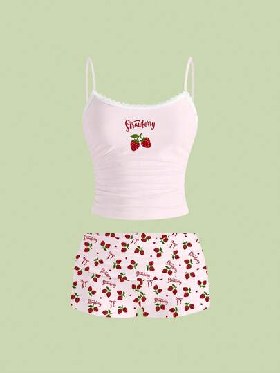 Sweetness 可爱甜美草莓标语蝴蝶结爱心性感吊带背心和短裤两件套女装