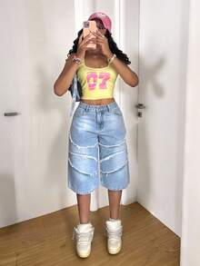 StreetHx Quần jean lửng kiểu dáng đường phố, phối màu, đa năng, thoải mái dành cho nữ. - màu đen - Xem 3