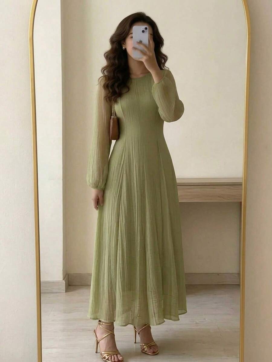 优雅的 3/4 袖高领褶饰腰部褶饰迷你连衣裙，百搭