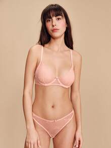 lacRébo Soft Delicate Pink Mesh Lingerie Set With Underwired Bra Rose Flower Trim Detail And Matching Thong Romantic Cute French Style Valentines Lingerie Sets Push Up Curved Lingerie - Pink - View 2