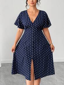 Elenzga Große Größen Kleid mit Polka Punkt Muster, V-Ausschnitt und Kurzarm - marineblau - Übersicht 4