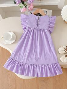 SHEIN Vintaside Kids 女童嬰兒藍夏季仙女派對7歲生日優雅甜美貼花圓領短袖荷葉邊下擺寬鬆時尚棉質洋裝，生日穿著 - 紫色 - 查看 3