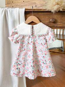 SHEIN Vintaside Kids Đầm bé gái thoải mái, chất liệu vải dày dặn, cổ bẻ, thêu hoa dễ thương, dáng chữ A, tay ngắn, đa năng, phù hợp cho mùa xuân/hè, mặc hàng ngày, ở nhà, đi chơi, du lịch, đi học. - Hồng - Xem 2