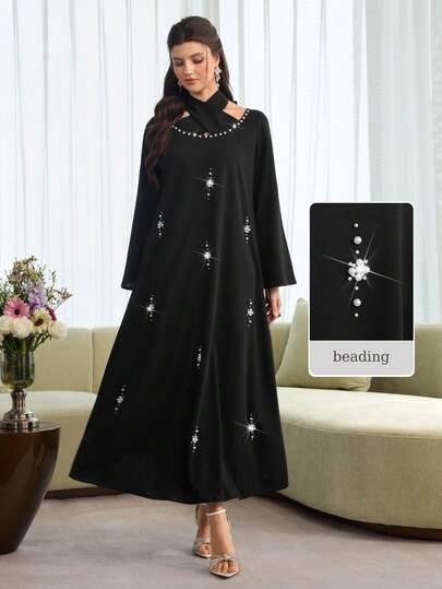 Al Najma Women's Spring/Summer Black Knit & Chiffon Long Sleeve Bubble Pearl Elegant Romantic Arabic Style Dress Black Pearl & Rhinestone Beaded Twist Neck Maxi Spring Wedding Guest Elegant Black Formal Maxi Premium Smooth Woven Fabric Beaded Formal Maxi Dress Spring Wedding Guest Modest Elegant Outfit Bridesmaid Dress Spring Wedding Black Premium Smooth Woven Fabric Solid Black / Jet Black Color Palette Twist Neck + Pearl & Rhinestone Beading + Flare Long Sleeves + A-Line Maxi Skirt Relaxed A-Line Fit &