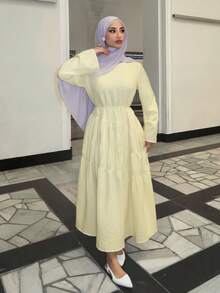 Solavon Đầm dài tay xếp ly màu trơn dành cho nữ, dáng lửng. - Vàng nhạt - Xem 7