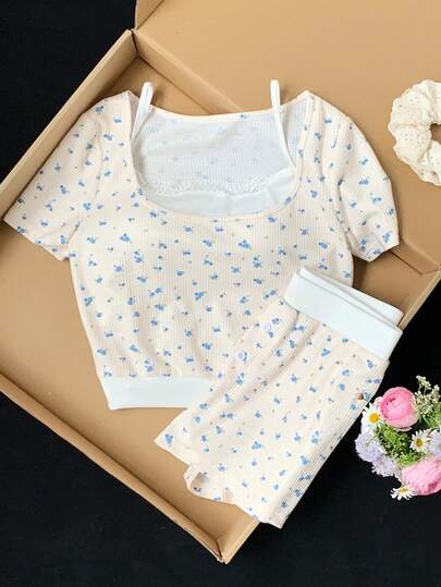 Comfortcana 2026 Spring/Summer New Women's Apricot Waffle Floral Two Pieces Set,Winter,Easter,Party ,Beach,Wedding,Graduation,Elegant,Casual,Vacation,Sports, Formal,Y2k,Business,Sequin,Fringe,Ruffle,Flower,Graphic,