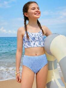 SHEIN Vintaside Kids 2 piezas Conjunto de traje de baño con estampado de mariposa para niña preadolescente, con tirantes ajustables y diseño lindo - Azul - Ver 4