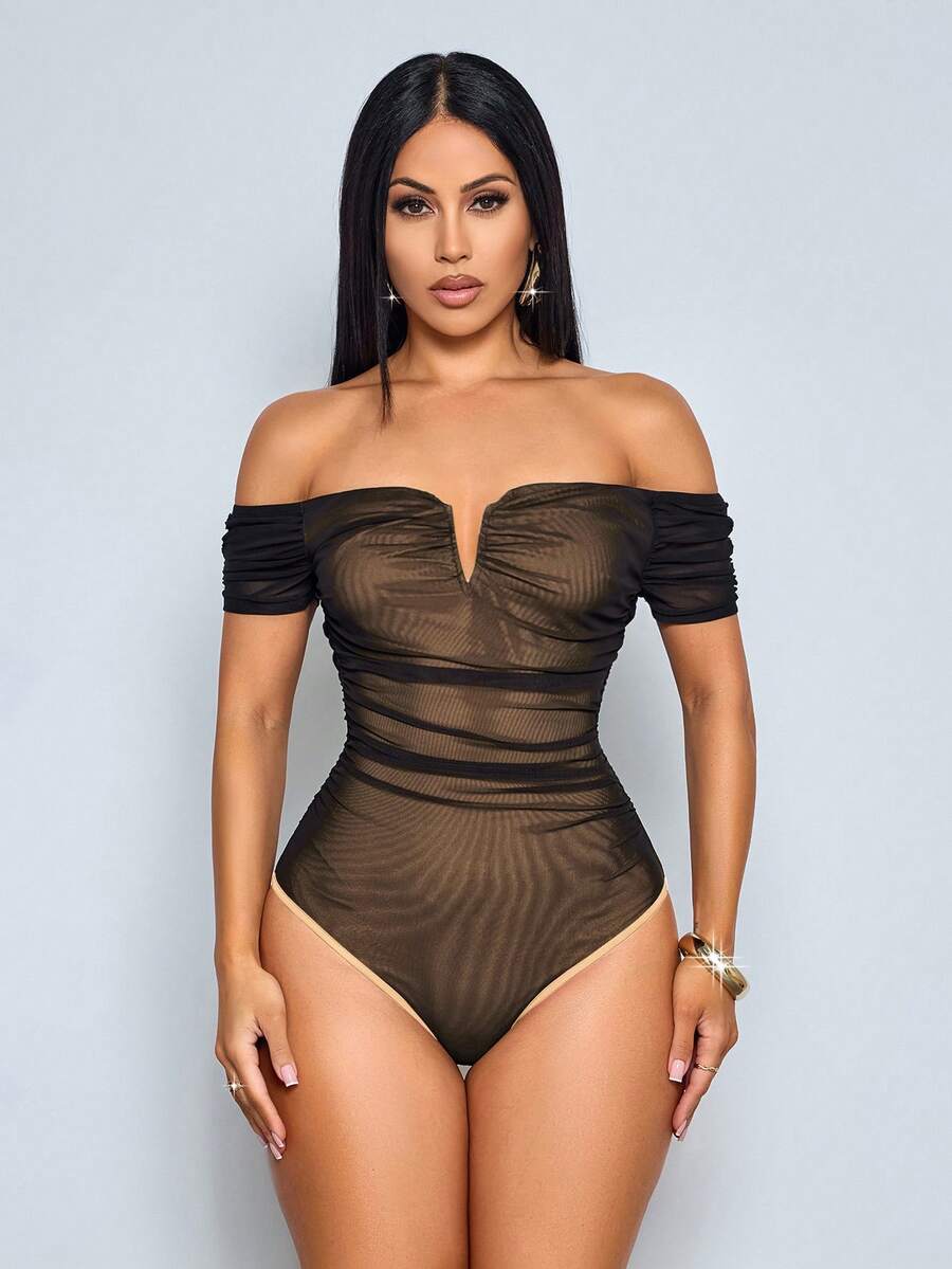 SOLERSUN Bộ đồ liền thân nữ mùa xuân/hè mới, thanh lịch và gợi cảm, cổ chữ V, chất liệu lưới xếp ly, màu đỏ tía. - Màu Khaki - Xem 1