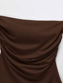 SHEIN EZwear Plus Size Coffee Brown Ruched Strapless Elastic Knit Top - Coffee Brown - View 4