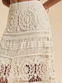 Travachic 女士纯色针织镂空百搭长款毛衣裙 - 杏色 - 查看 7