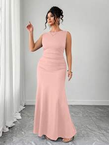Elenzga Women's Elegant Sleeveless Round Neck A-Line Dress, Waist Ruched Design, Solid Knit Fabric - Pink - View 5