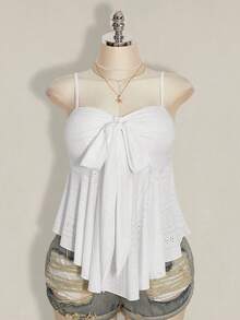SHEIN ICON 女款大尺碼棕色秋季絲滑熱帶海灘健身度假復古Y2K蝴蝶結不對稱下擺針織提花細肩帶上衣 - 白色 - 查看 4