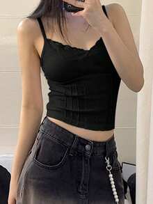 INAWLY 女士纯色荷叶边修身吊带背心 - 黑色 - 查看 3