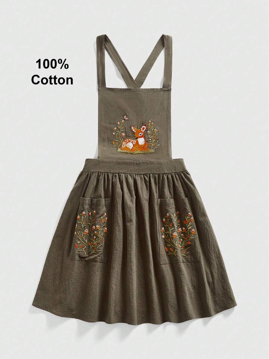ROMWE Fairycore Váy yếm cỡ lớn kiểu dáng Cottagecore thêu hình hươu cổ điển - màu xanh lá - Xem 1