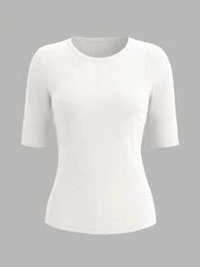 EMERY ROSE Women's Casual Solid Color Short Sleeve T-Shirt, Versatile For Summer - White - View 3