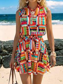 Sylviya Women's Sleeveless Vacation Floral Print Waist Tie Dress Summer Outfits For Women Summer Dress Summer Clothes Beach Outfit For Women Casual Dresses For Women Vacation Outfits Women Summer Holiday Outfits Vacation Dresses, Floral Dresses For Women Cruise Outfit For Women Bohemian Clothes For Women,Summer Dresses For Women - Multicolor - View 3