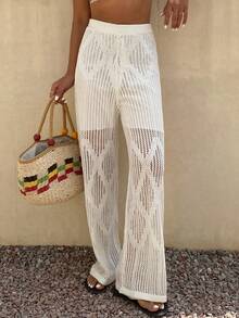 Livesso Pantalones anchos de uso diario de verano para mujer, de unicolor y con diseño hueco, versátiles y casuales - Blanco - Ver 3