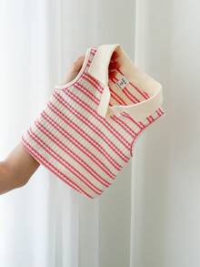 LMoss Kids 女童条纹针织翻领休闲背心 - 淺粉色 - 查看 3