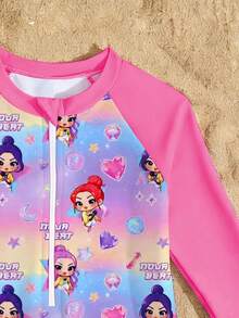 新款时尚女童连体长袖短裤泳衣，随机可爱印花少女泳装 - 彩色 - 查看 4