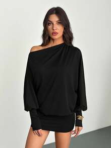 SHEIN Tall Đầm ngắn ôm sát người màu nâu cà phê dệt kim, thiết kế bất đối xứng vai và hở lưng dành cho nữ. - màu đen - Xem 3
