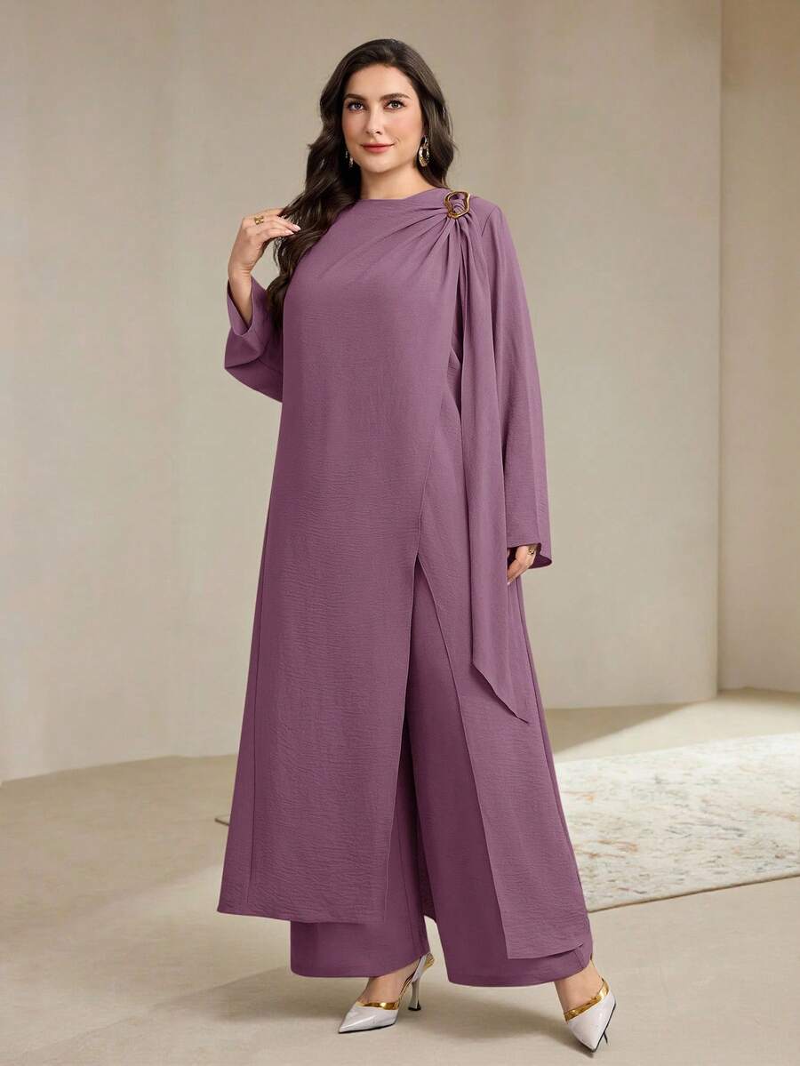 Veilorie Plus Size Women's Solid Color Long Sleeve Split Hem Long Shirt And Wide Leg Pants Casual 2-Piece Set - Purple - View 1