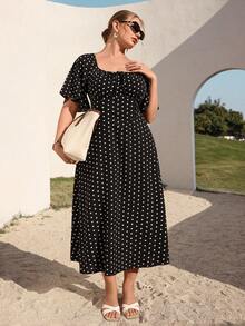 Auvina 大码女士复古优雅方领短袖A字收腰长裙，舒适休闲百搭，适合度假通勤约会，法式波点印花 - 黑與白 - 查看 5